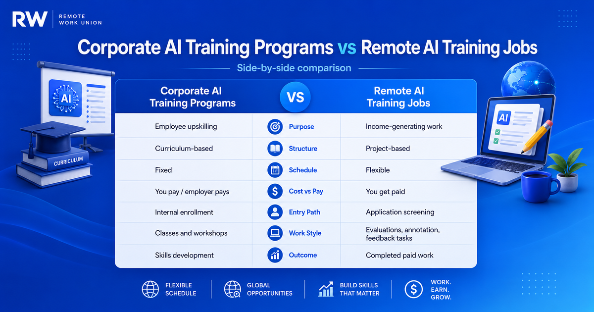 Side-by-side comparison of corporate AI training programs versus remote AI training jobs — Remote Work Union Article 94