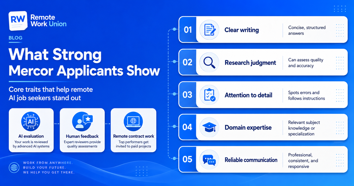 Five traits strong Mercor applicants show: clear writing, research judgment, attention to detail, domain expertise, and reliable communication — Remote Work Union Article 95