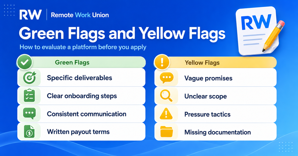 Green flags and yellow flags checklist for evaluating Mercor and AI training platform legitimacy — Remote Work Union Article 98