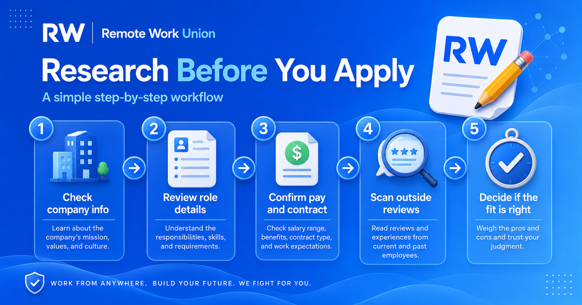 Five-step research workflow for job seekers evaluating Mercor and remote AI work platforms before applying — Remote Work Union Article 98