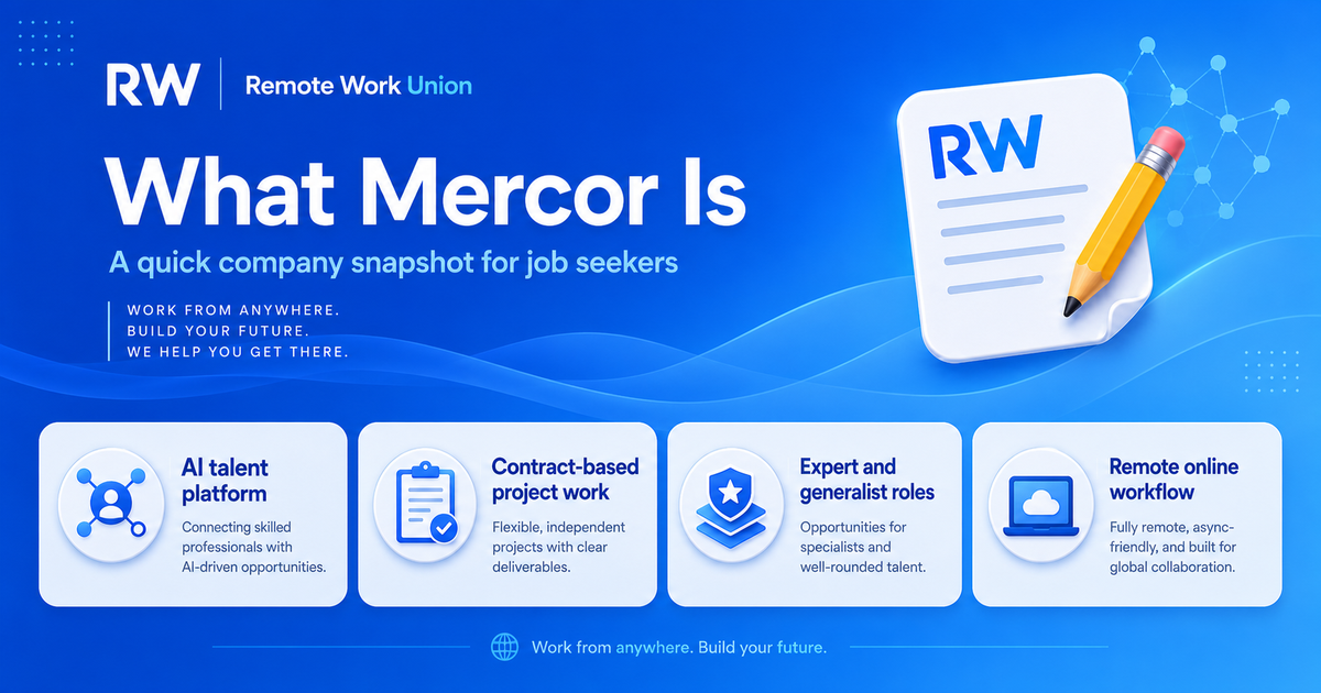Company snapshot showing what Mercor does as an AI talent platform — Remote Work Union Article 98