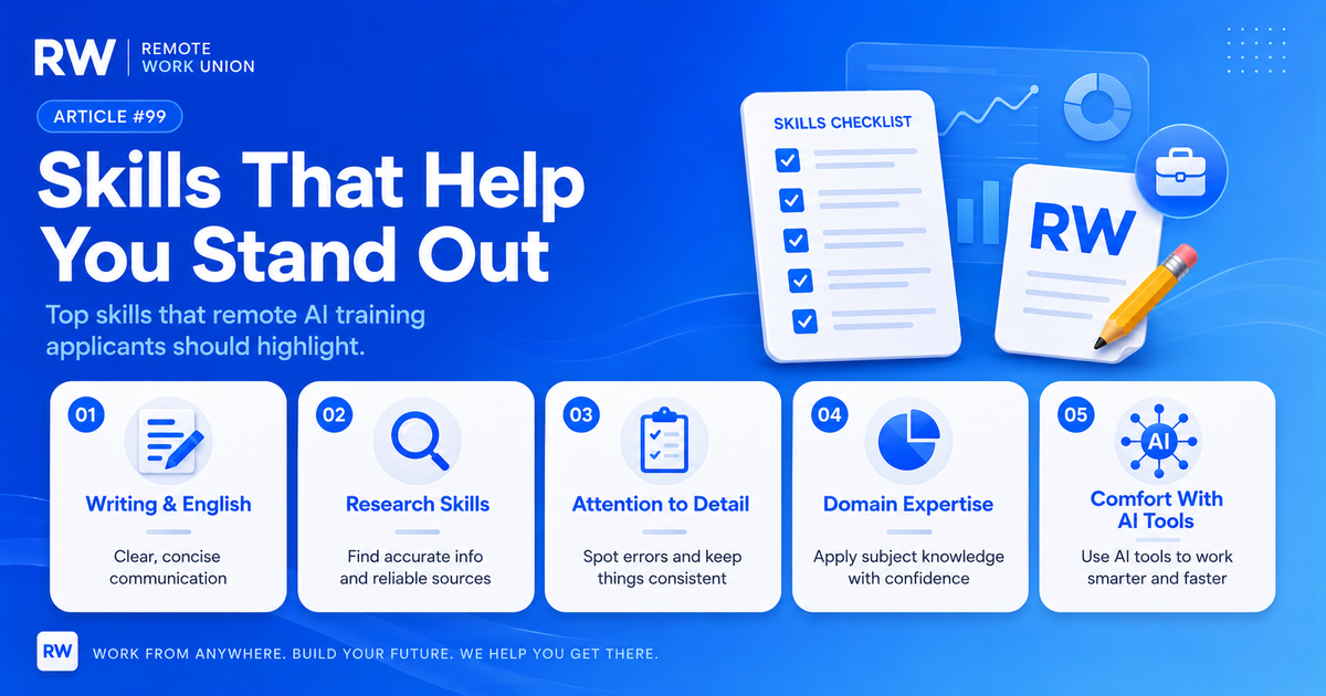Skills for remote AI training applicants: writing, research, attention to detail, domain expertise, and comfort with AI tools — Remote Work Union Article 99