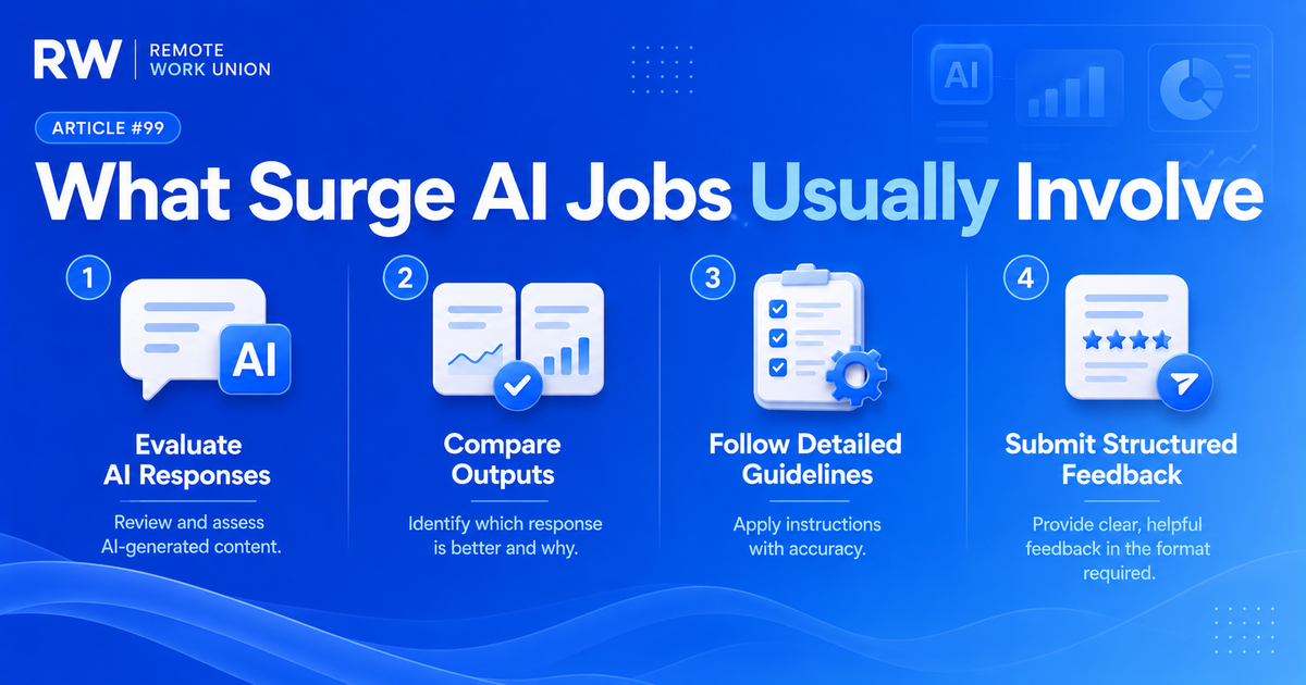 What Surge AI jobs involve: evaluating AI responses, comparing outputs, following guidelines, and submitting structured feedback — Remote Work Union Article 99