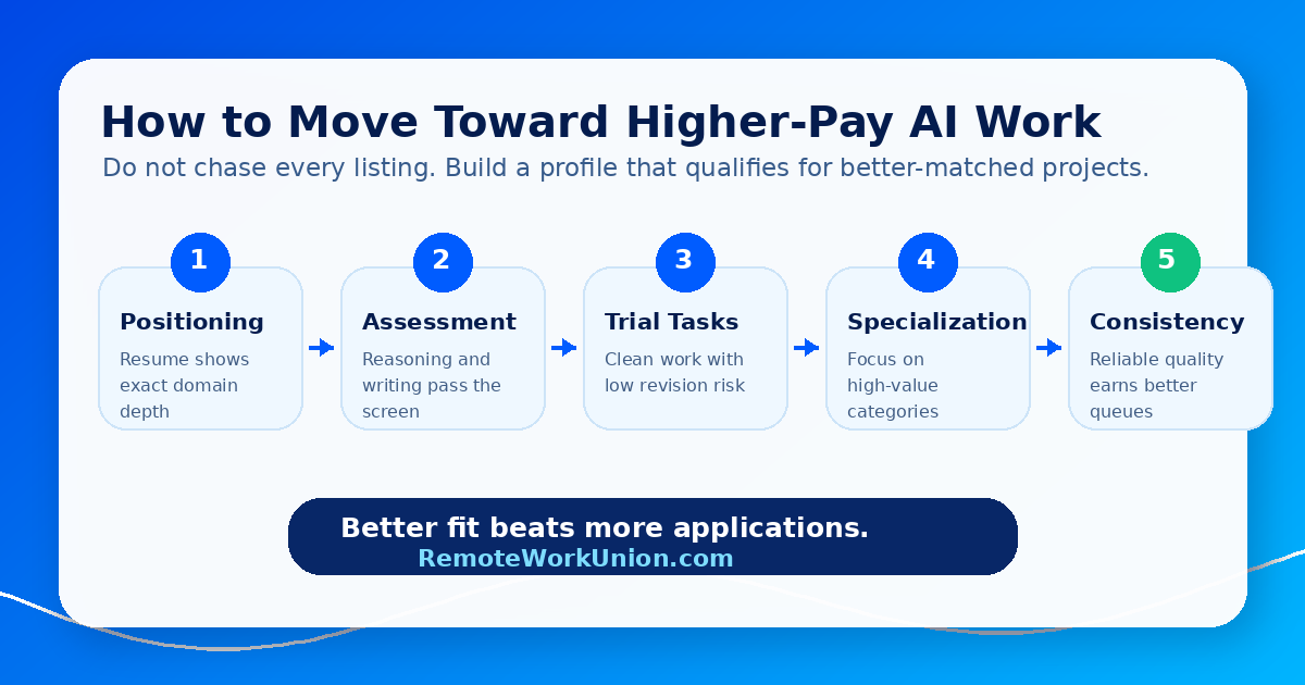 Application funnel for remote AI jobs showing the path from expertise to high-paying evaluator projects