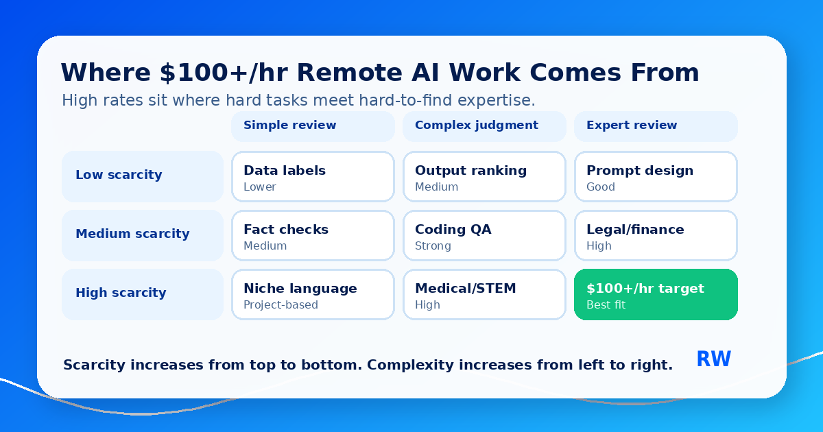 Matrix of high-paying remote AI job categories including legal, coding, medical, finance, STEM, safety, and writing