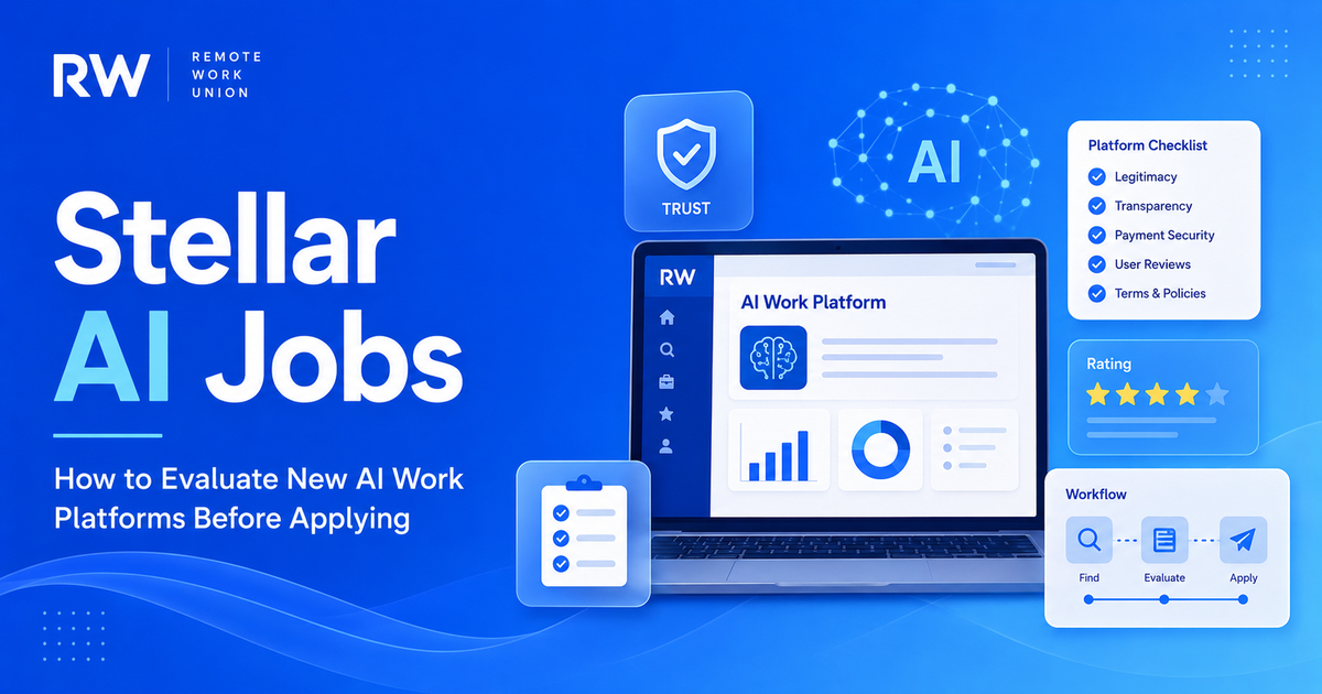 Stellar AI jobs platform evaluation dashboard with checklist, rating, trust icon, and Remote Work Union branding.