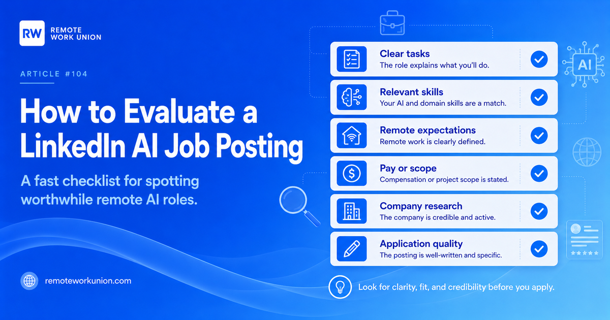 Checklist graphic for screening LinkedIn AI job posts by tasks, skills, remote expectations, pay, company credibility, and application quality.