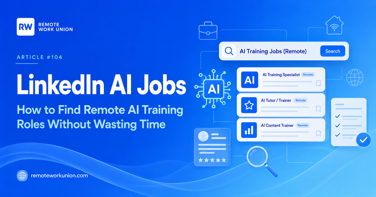 Blue Remote Work Union hero graphic showing remote AI job search, job cards, search bar, AI chip, checklist, and remote work icons.