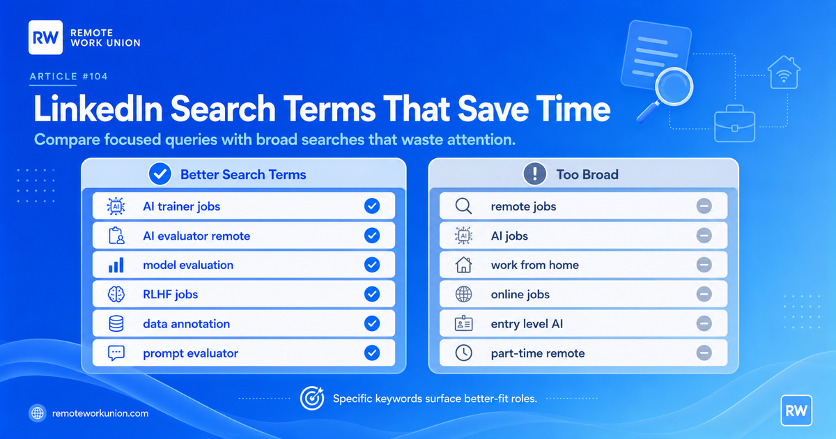 Comparison graphic showing focused AI job search terms versus broad remote work searches that can waste time.
