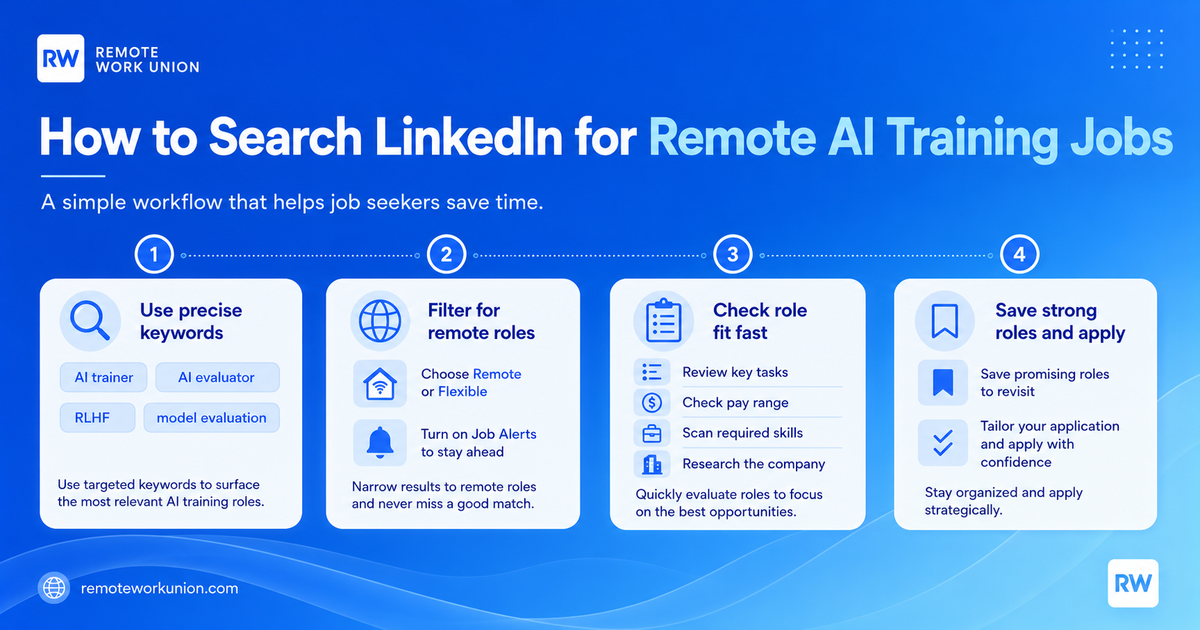 Four-step workflow graphic showing precise keywords, remote filters, role-fit checks, and saving strong roles before applying.
