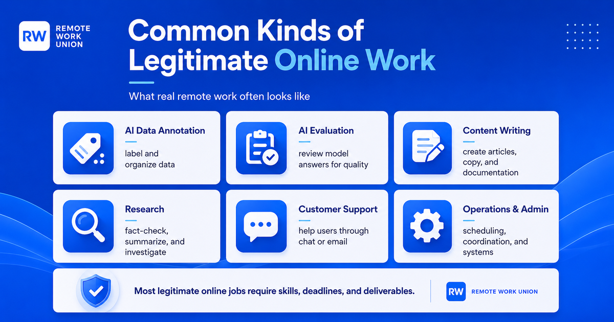 Grid of common legitimate online work categories including AI data annotation, AI evaluation, writing, research, support, and operations.