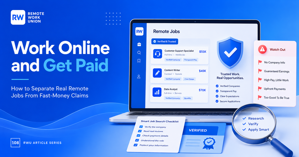 Remote Work Union graphic showing verified online job listings, red flags, and a smart job search checklist.