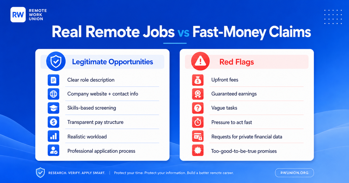 Comparison chart showing legitimate remote job signals and red flags for fast-money claims.