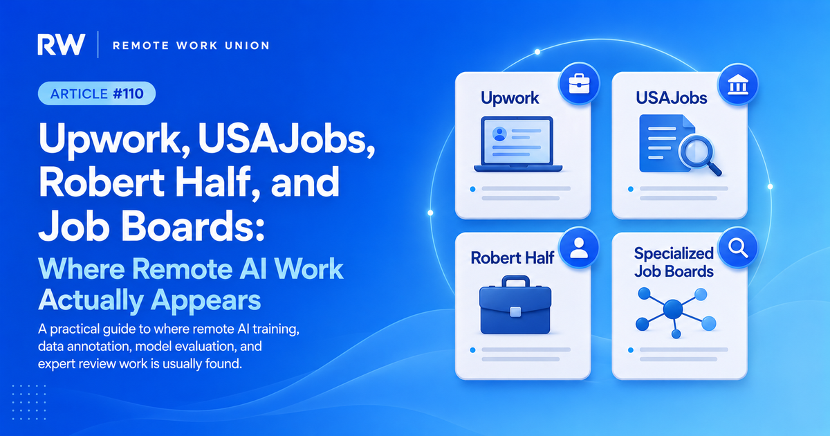Remote Work Union graphic showing Upwork, USAJobs, Robert Half, and specialized job boards as sources for remote AI work.