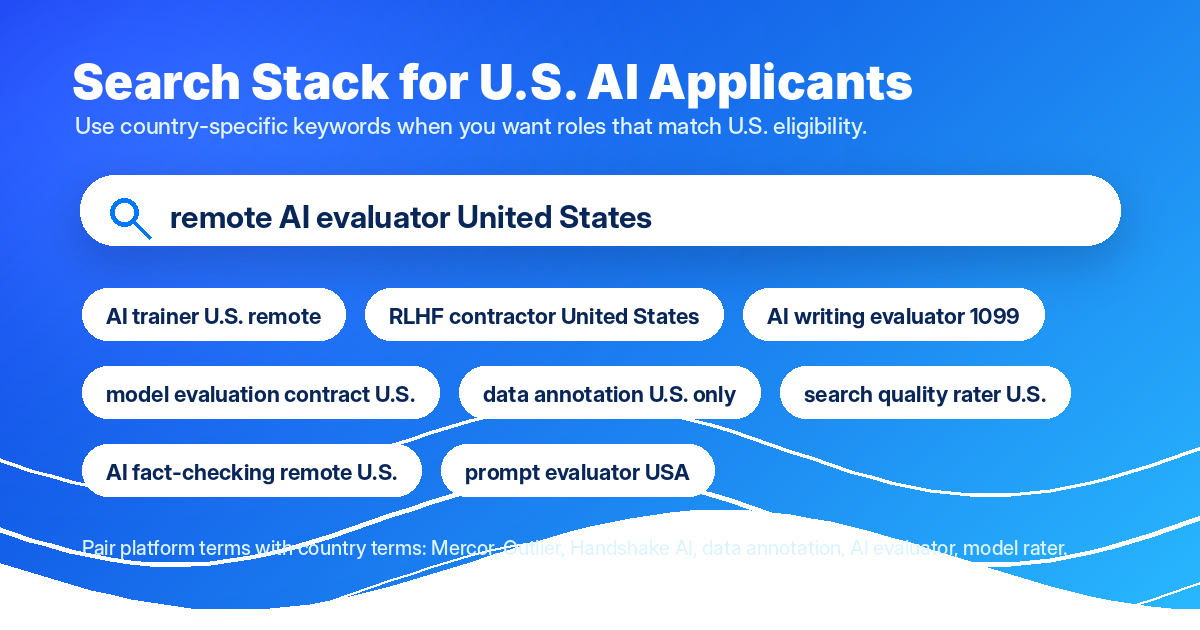 Search keywords for U.S. remote AI job applicants: evaluator, trainer, RLHF, 1099, and platform terms