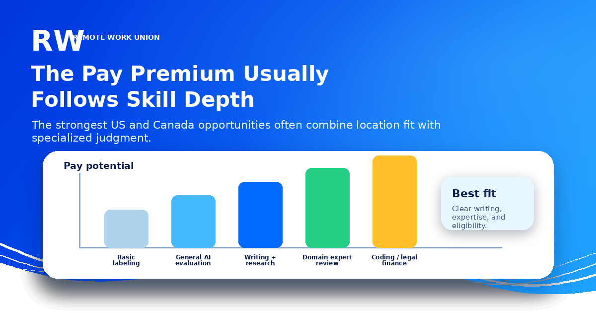 Chart showing how AI training pay potential increases with skill depth and market fit — Remote Work Union Article 124