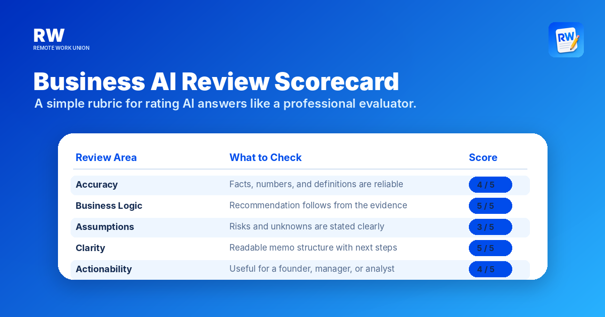 Scorecard for accuracy, business logic, assumptions, clarity, and actionability — Remote Work Union Article 127
