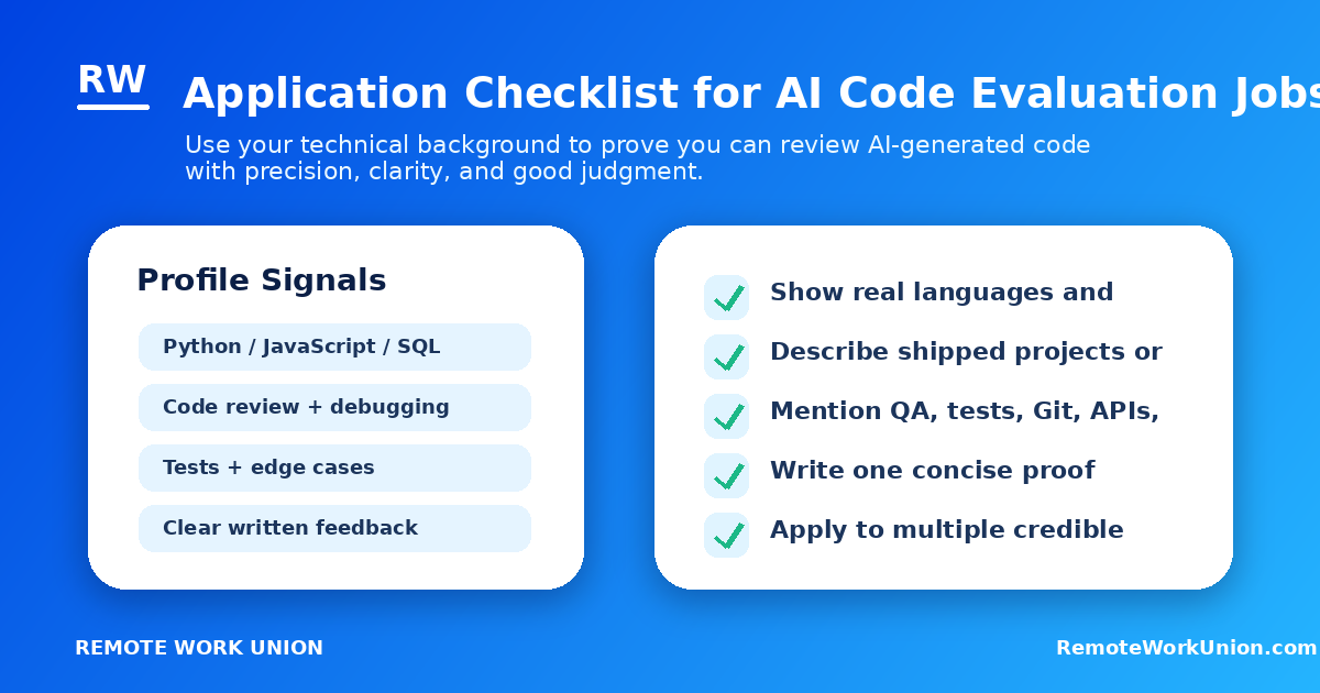 Application checklist for AI code evaluation jobs — Remote Work Union Article 131