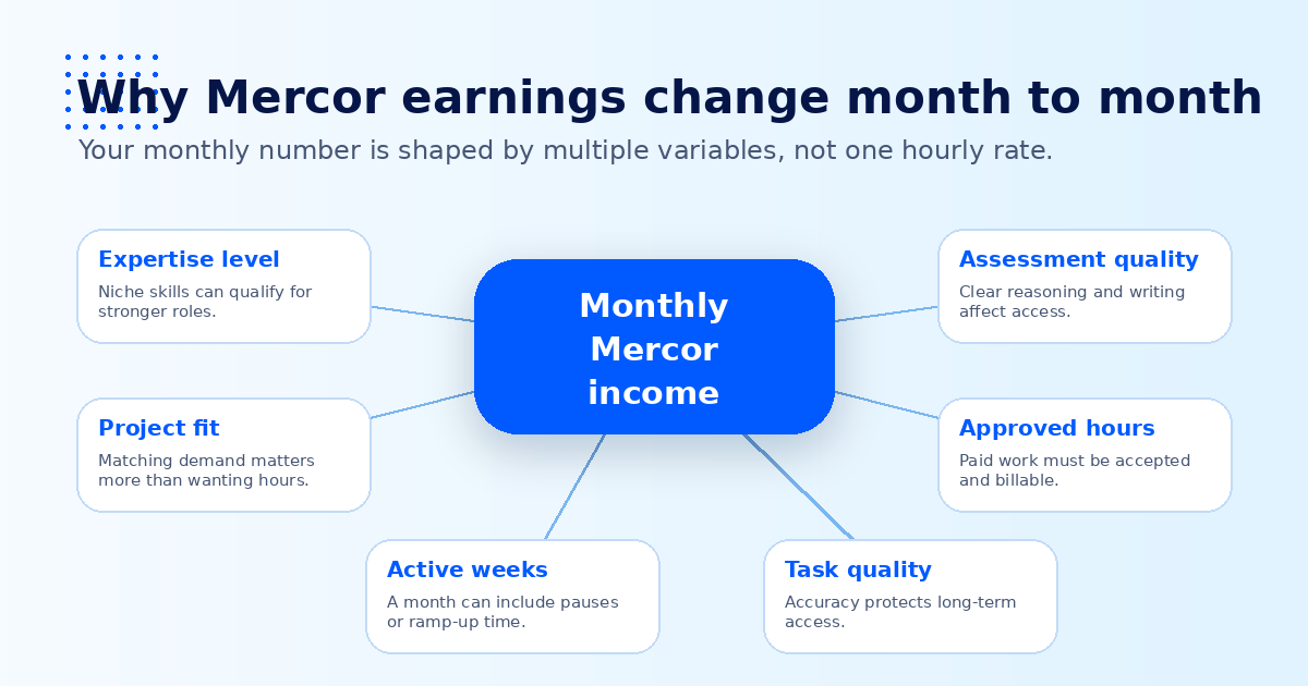 Six variables that affect Mercor monthly earnings: expertise, project fit, assessment quality, approved hours, active weeks, task quality — Remote Work Union Article 166