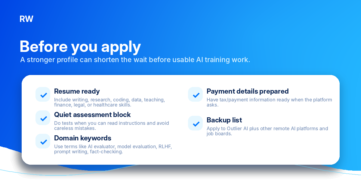 Checklist for preparing an Outlier AI application and assessment — Remote Work Union Article 171