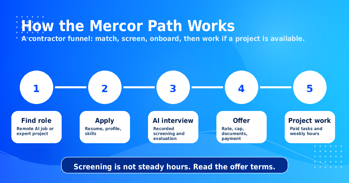 How the Mercor path works: find role, apply, AI interview, offer, project work — a contractor funnel, not a job guarantee.