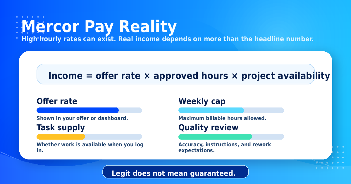 Mercor pay reality: income equals offer rate times approved hours times project availability. Legit does not mean guaranteed.