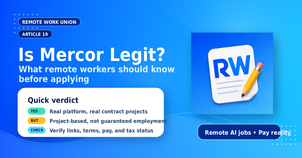 Remote Work Union graphic: Is Mercor Legit? Quick verdict, green flags, and what remote workers should verify before applying.