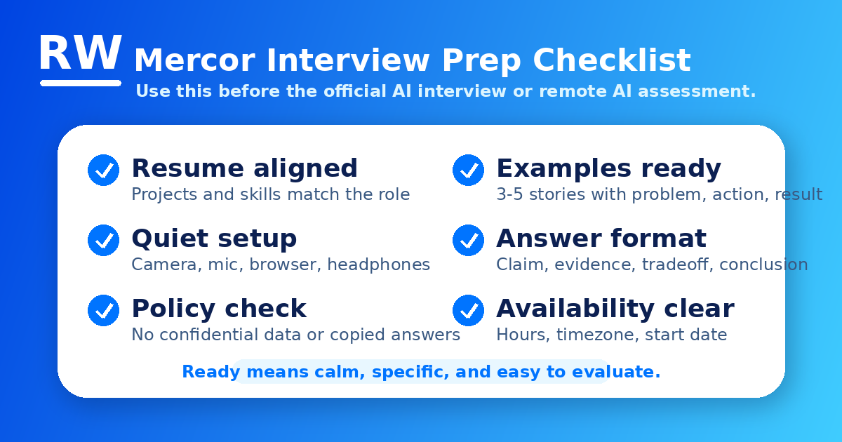 Mercor AI interview prep checklist covering profile, examples, domain terms, availability, and technical setup