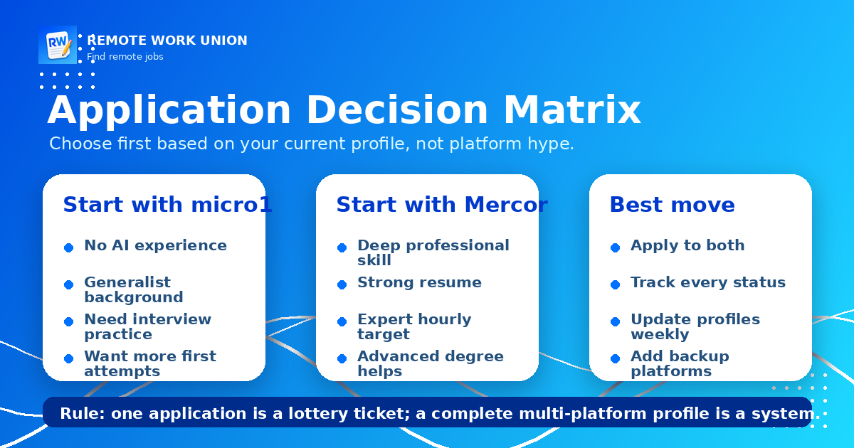 Decision matrix comparing micro1 and Mercor for remote AI work applicants by background, experience level, and application priority — Remote Work Union Article 212