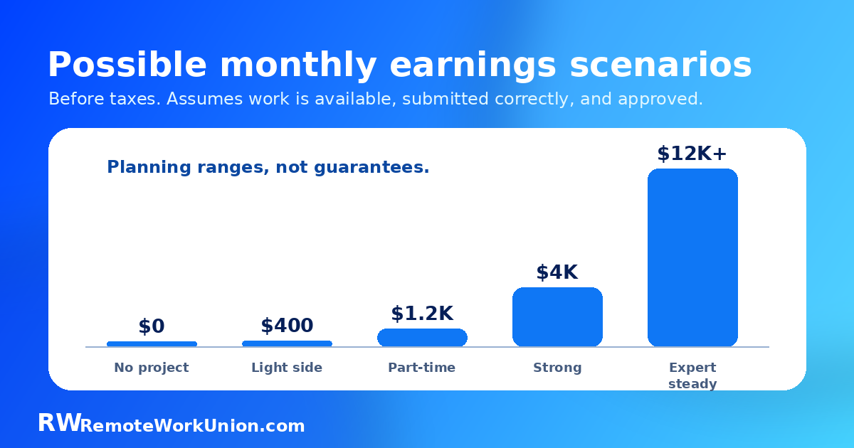 Bar chart showing possible micro1 monthly earnings scenarios from $0 with no project to $12K+ for expert-tier work — Remote Work Union Article 217