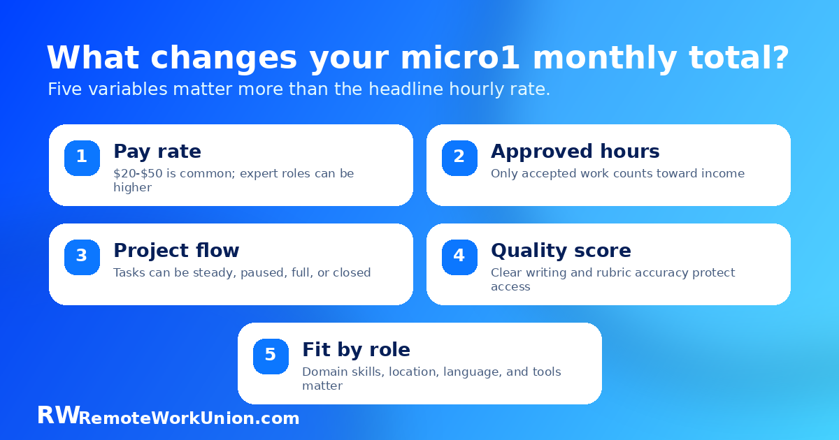 Five variables that affect micro1 monthly income: rate, approved hours, project flow, quality score, and role fit — Remote Work Union Article 217
