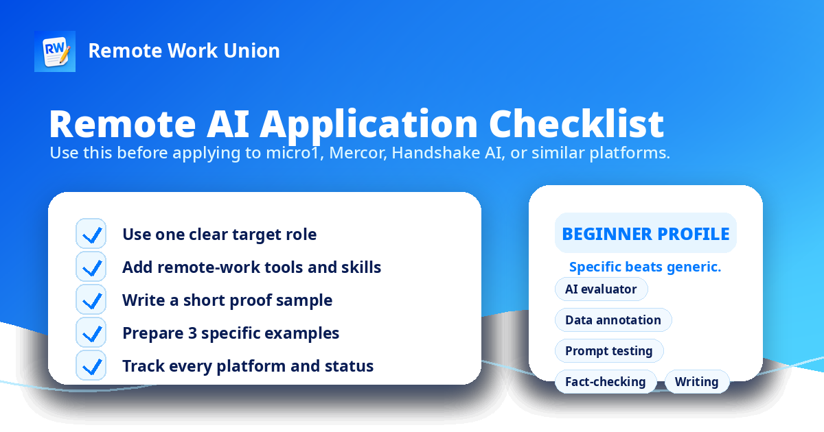 Remote AI job application checklist for beginners — lane selection, resume keywords, work samples, platform tracker, assessment prep — Remote Work Union Article 223