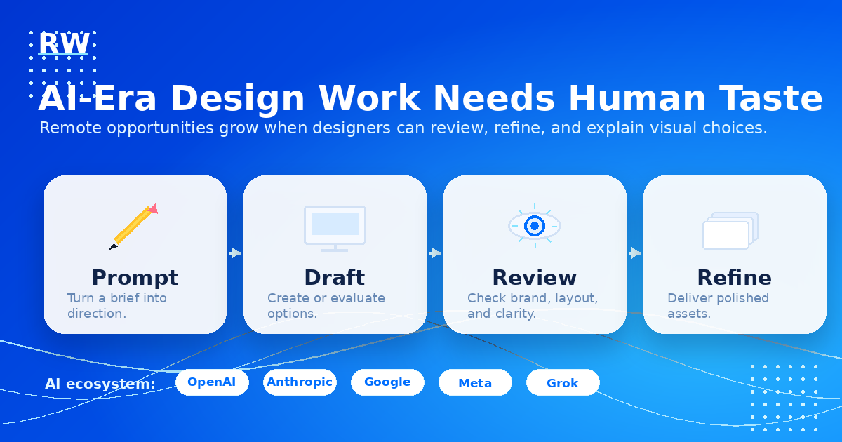 AI-Era Design Work Needs Human Taste — workflow showing prompt, draft, review, and refine stages, with AI ecosystem labels for OpenAI, Anthropic, Google, Meta, Grok.