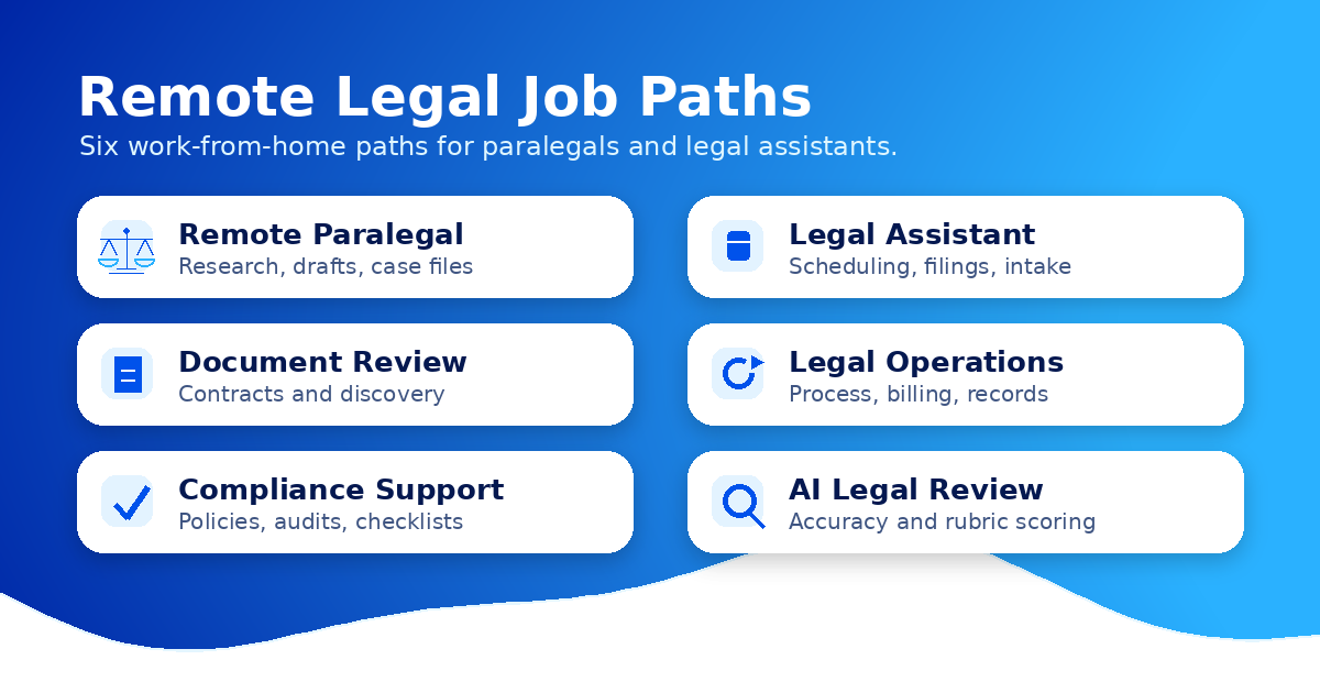Graphic showing six remote legal job paths for paralegals and legal assistants.