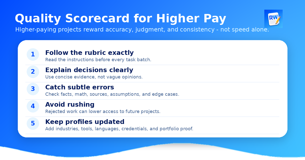 Quality scorecard showing habits that help remote AI data annotation workers qualify for better projects including accuracy, consistency, and clear explanations.