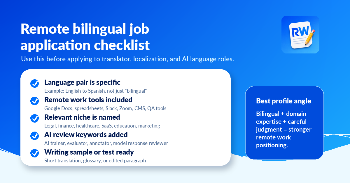 Remote bilingual job application checklist for translator, localization, and AI language roles.