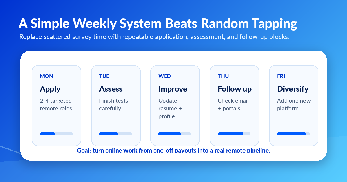 A simple weekly system for remote work applications: Monday apply, Tuesday assess, Wednesday improve, Thursday follow up, Friday diversify.