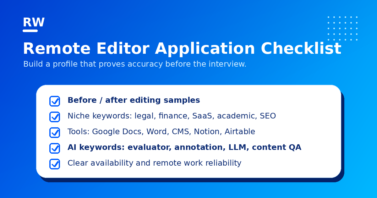 A remote editor application checklist with portfolio, niche keywords, tools, AI terms, and reliability signals.