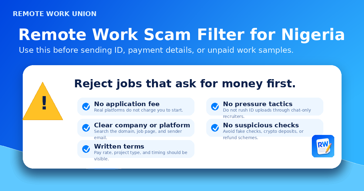 Remote work scam filter for Nigeria: upfront fees, fake recruiters, vague contracts, and pressure tactics — Remote Work Union