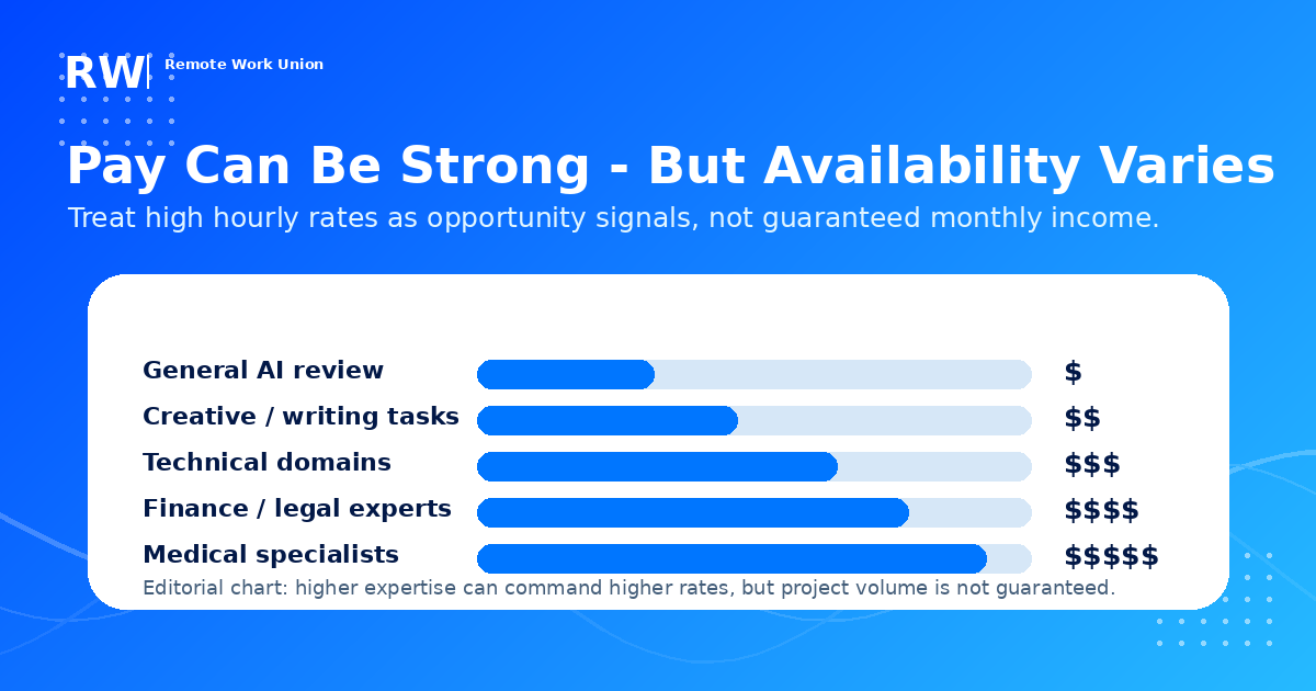 Pay can be strong but availability varies: treat high hourly rates as opportunity signals, not guaranteed monthly income. General AI review pays least, medical specialists pay most.