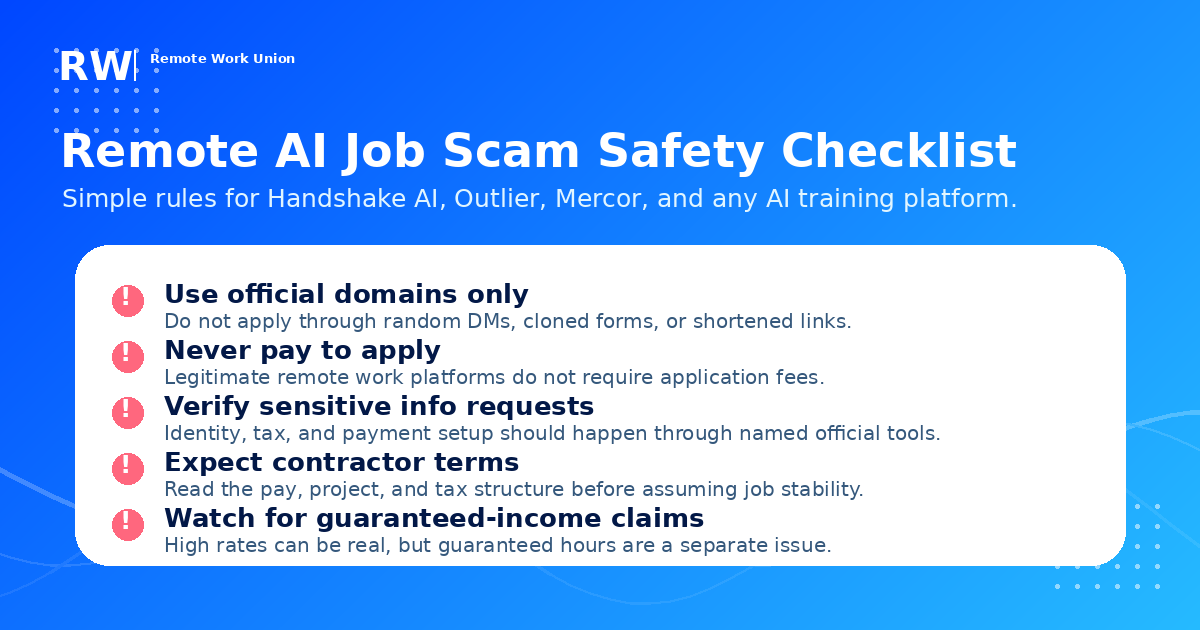 Remote AI job scam safety checklist: use official domains only, never pay to apply, verify sensitive info requests, expect contractor terms, watch for guaranteed-income claims.