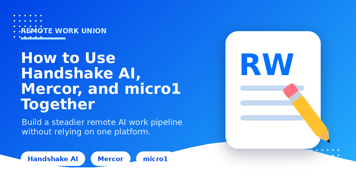 Remote Work Union branded graphic showing how to use Handshake AI, Mercor, and micro1 together for steady remote AI work