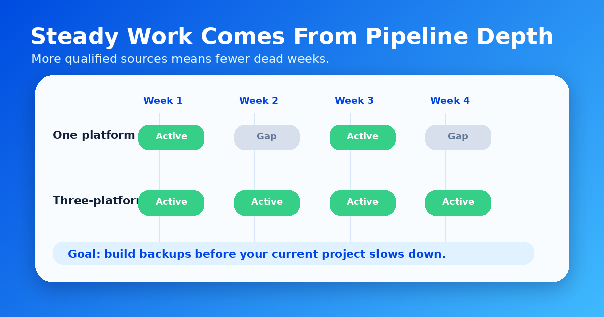 Pipeline depth graphic comparing one platform only versus a three-platform remote AI work pipeline