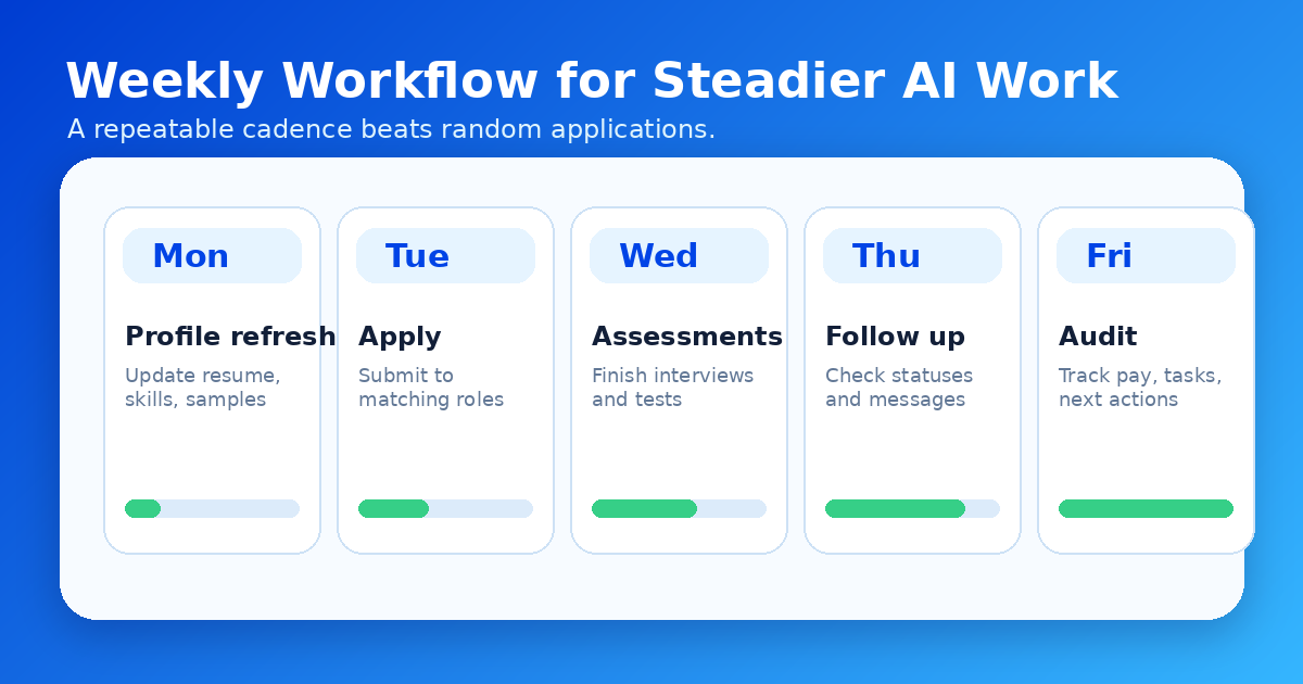 Weekly workflow for remote AI work with profile refresh, applications, assessments, follow-up, and pipeline audit