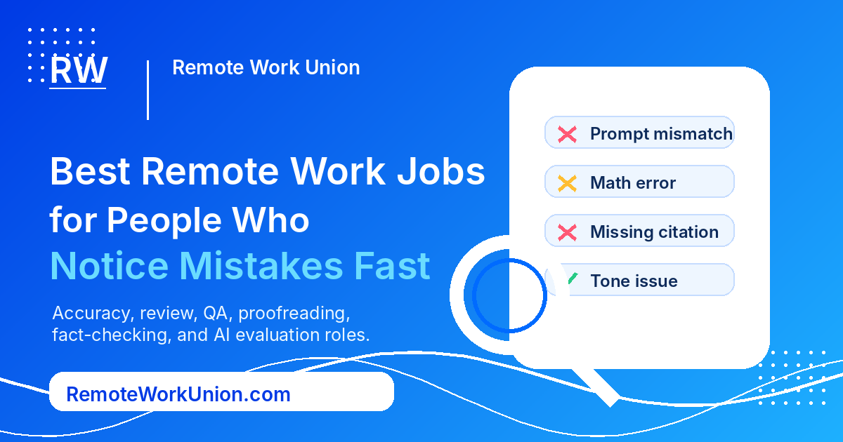 Remote Work Union graphic about the best remote work jobs for people who notice mistakes fast