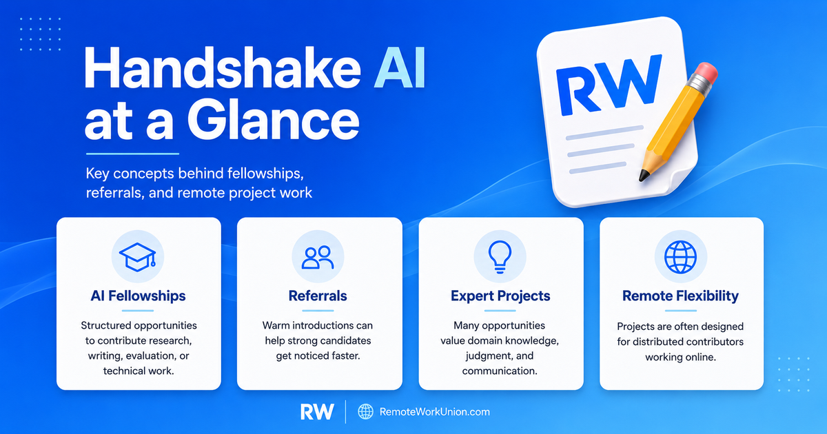 Handshake AI at a glance: fellowship structure, project types, referral system, and what makes a strong applicant for remote AI work.