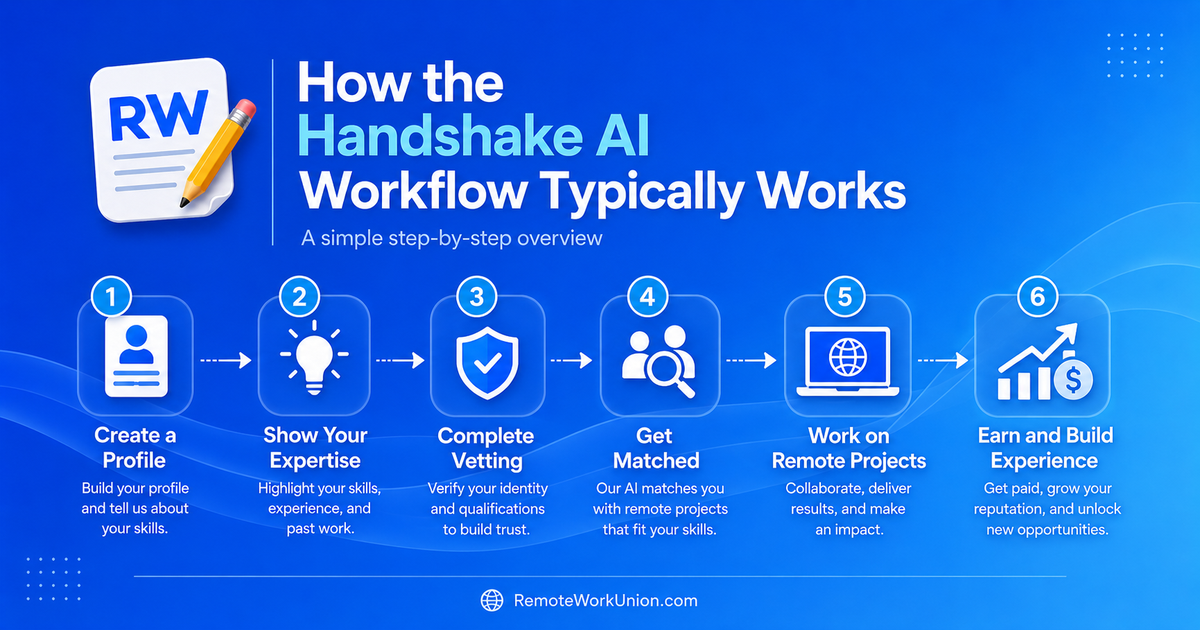 Handshake AI workflow showing how applicants apply, get verified, match to projects, complete training, contribute work, and get paid.