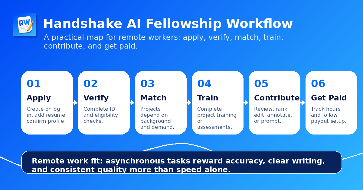 Handshake AI Fellowship workflow: apply (create account, add resume, confirm profile), verify (ID and eligibility checks), match (projects depend on background and demand), train (complete project training or assessments), contribute (review, rank, edit, annotate, or prompt), get paid (track hours and follow payout setup).