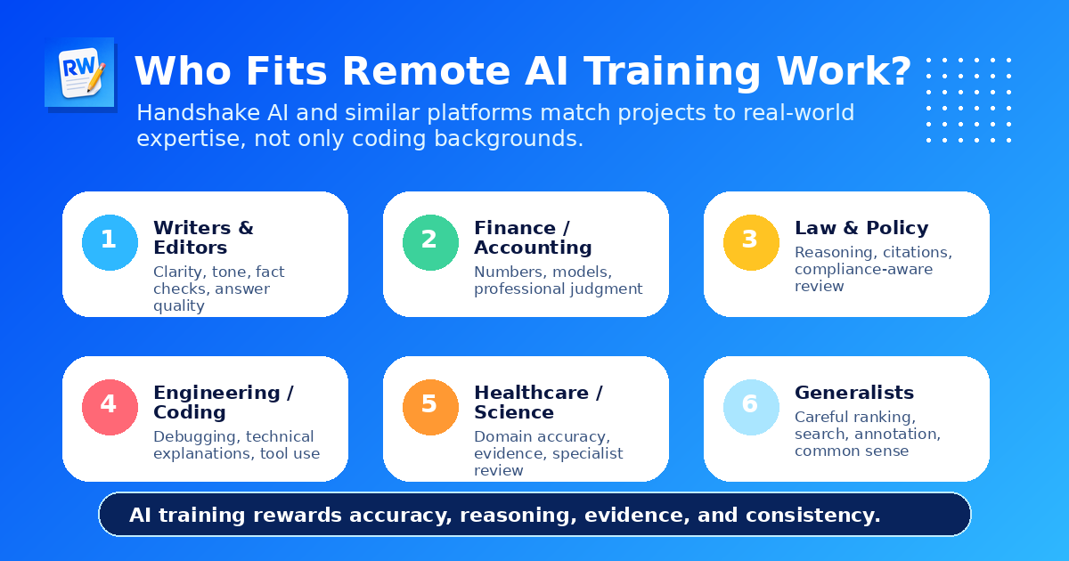 Who fits remote AI training work? Writers and editors: clarity, tone, fact checks. Finance/accounting: numbers, models, professional judgment. Law and policy: reasoning, citations, compliance. Engineering/coding: debugging, technical explanations. Healthcare/science: domain accuracy, evidence. Generalists: careful ranking, search, annotation, common sense.