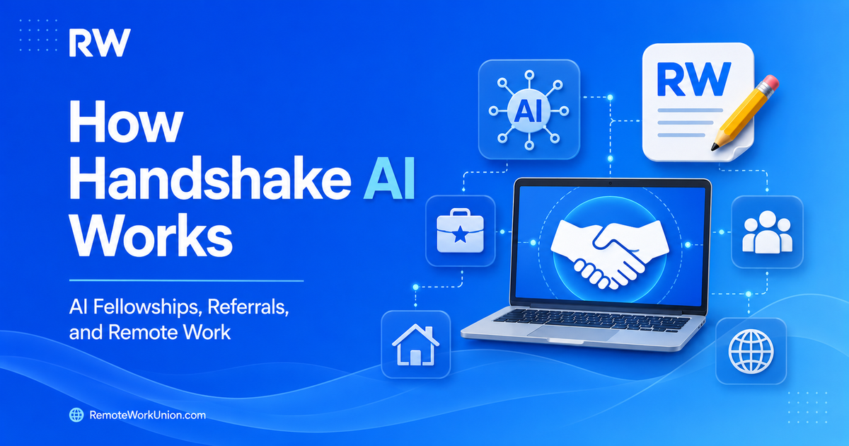 Remote Work Union guide: How Handshake AI Works — AI fellowships, referrals, and remote work.